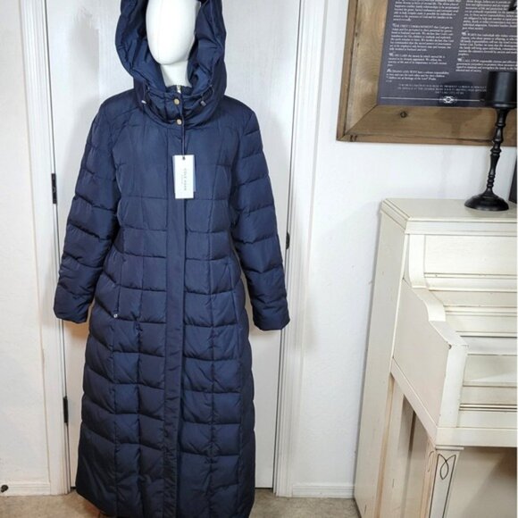 Cole Haan Feather Down Maxi Puffer Coat Jacket Navy Fold Down Collar Women's XL - Picture 6 of 7